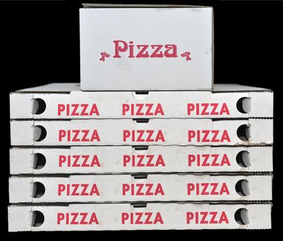 Stack of 6 piza boxes on black