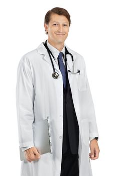 Photo of a handsome male doctor smiling and holding medical chart over white background.