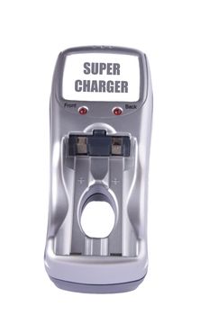Small silver and gray plug-in battery charger