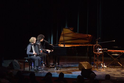 Lelystad, The Netherlands - March 28: Gino Vannelli and Bert van den Brink live on stage at the Seabottom Jazz Festival in Lelystad The Netherlands on March 28, 2009