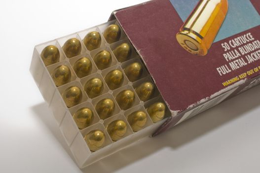 Open box of 9 mm pistol cartridges