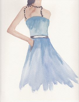 hand painted watercolor of a woman in blue dress