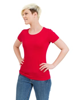 Young beautiful blond female with blank red shirt. Ready for your design or artwork.
