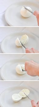 Traditional Italian mozzarella di bufala (buffalo mozzarella) cheese made from buffalo milk - slicing sequence