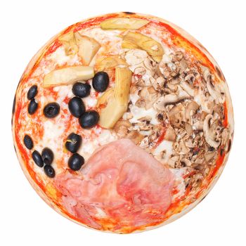 Italian Four Seasons Pizza (Pizza Quattro Stagioni) - isolated over a white background