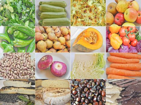 Food collage set with beans, vegetables, fruit and cheese