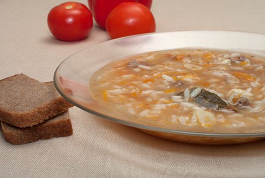 Plate of soup rye bread and tomatoes close up.