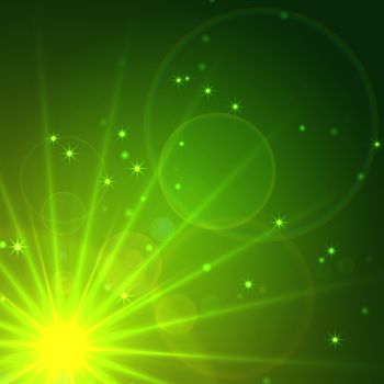 abstract green background with rays, sparkles and lights