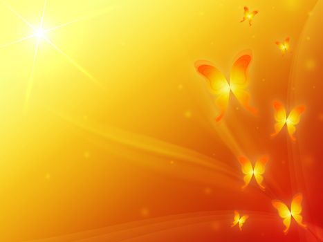 spring orange background with sun and butterflys