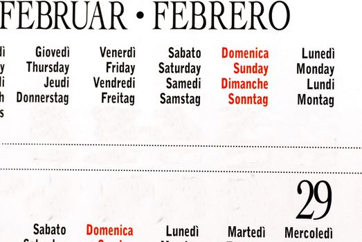 details of calendar of leap year, February 2012