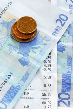 closeup of bills and euro banknotes and coins macro