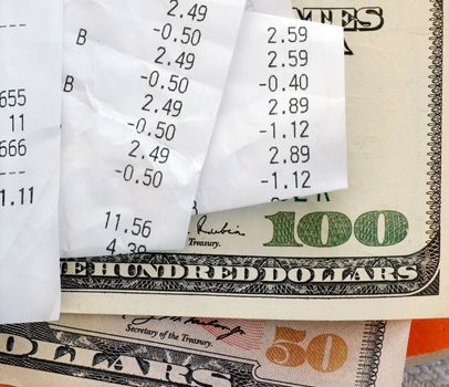 closeup of bills over hundred and fifty dollars banknotes macro