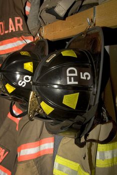 Firefighter turn out gear hanging in the station