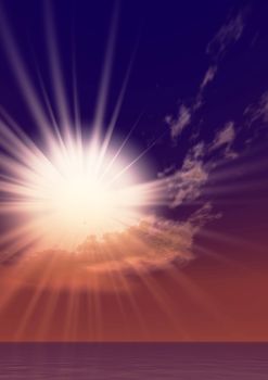 Grotesque sunrise. Very bright beams of the sun through very beautiful clouds and a red fog