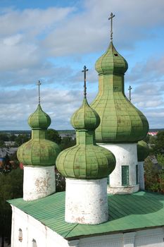 View of ancient cathedral from bell tower, Kargopol town, north Russia