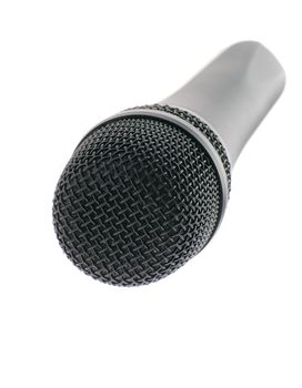 Microphone perspective. The studio musical microphone isolated on a white background