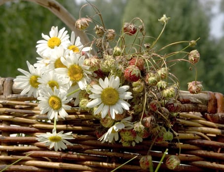 Field flowers and wild strawberry in the weaved basket, during a haymaking