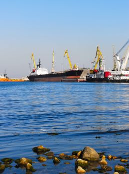 The trading ships in port. Picturesque coast of ocean