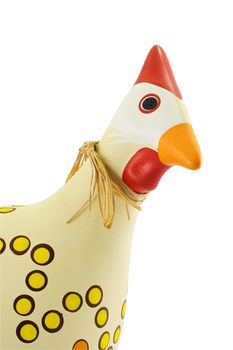 Close-up of head of a decorative handmade pottery chicken, isolated on white background