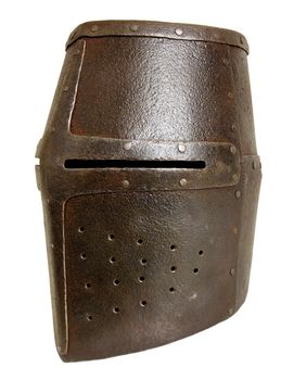 Iron helmet of the medieval knight. Very heavy headdress.