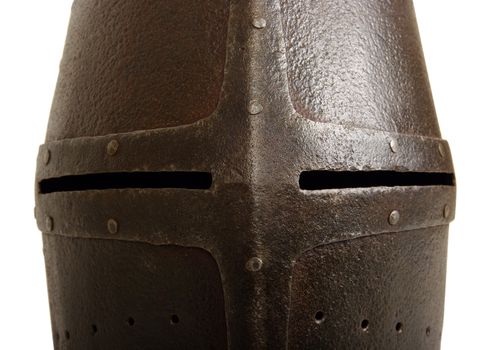 Iron helmet of the medieval knight. Very heavy headdress