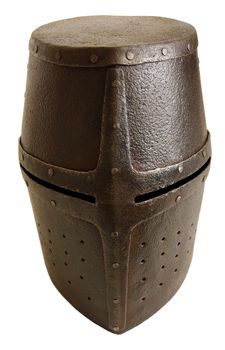 Iron helmet of the medieval knight. Very heavy headdress