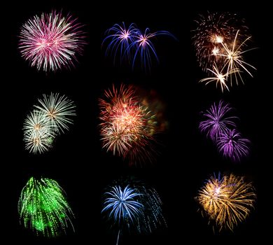 Collection of Multicolored Fireworks Against a Black Sky 
