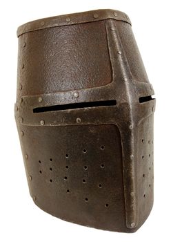 Iron helmet of the medieval knight. Very heavy headdress