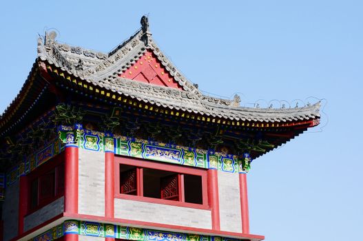 Closeup view of a traditional Chinese ancient building against the blue sky