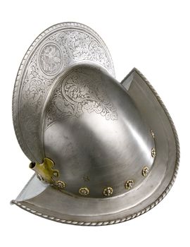 Iron helmet of the medieval knight. Very heavy headdress