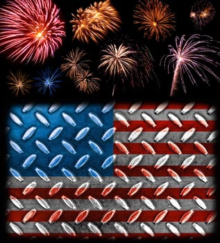 Fireworks in the Bckground of a Steel Plated American Flag
