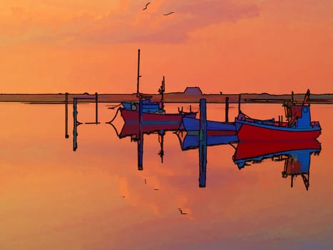 Reflection of a small dinghy dory boats in the sunset great sailing boating fishing image digitally altered manipulated