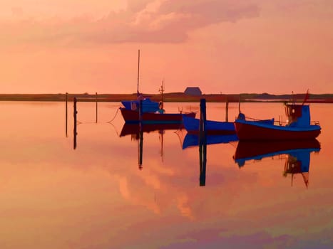Reflection of a small dinghy dory boats in the sunset great sailing boating fishing image digital art manipulation