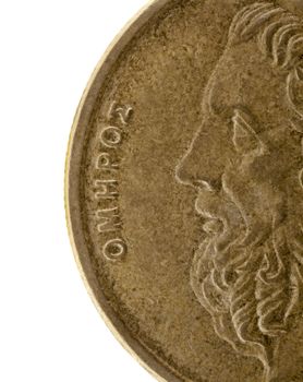portrait of Homer, legendary ancient Greek epic poet, author of the Iliad and Odyssey, a detail of 50 drachma circulated coin from 1988 (copper with alumnium and nickel), 2x life-size magnification