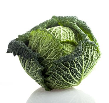 Head of green leaf cabbage on plane background.