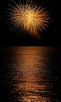 Long Exposure of Fireworks Reflecting on Calm Rippling Water