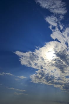 Dramatic sky. Bright sunlight, dark blue. Black Sea, Russia.