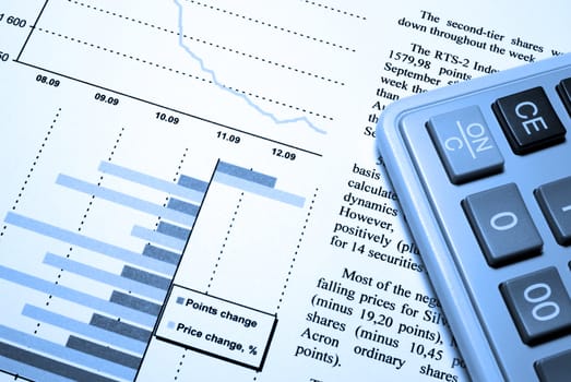 Calculator and printed financial report.