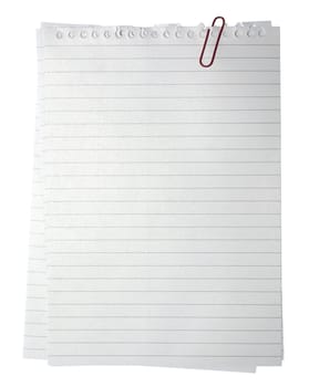 Blank note paper and red paper-clip. Isolated with clipping path.