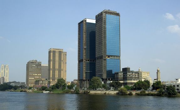 View of Cairo. Modern skyscrapers of League of Arab States. Nile river.