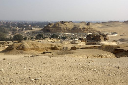 View of Cairo. Desert near pyramids and Sphinx.