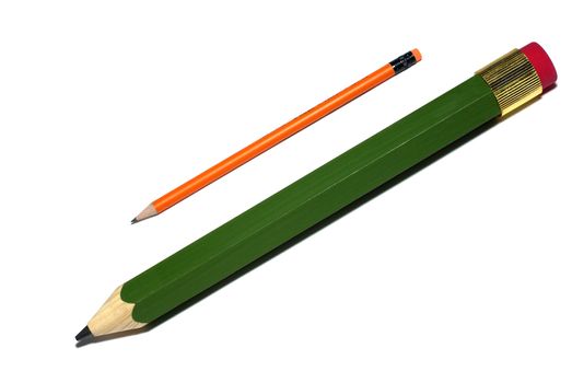 Big green and standart orange pencils isolated on white background.