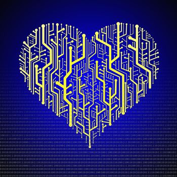 Circuit board in Heart shape, Technology background 