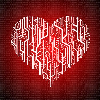 Circuit board in Heart shape, Technology background 