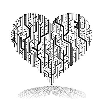 Circuit board in Heart shape with shadow on ground, Technology background 