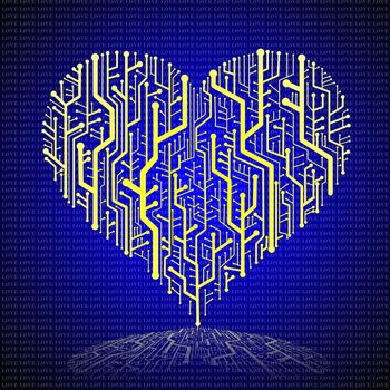 Circuit board in Heart shape, Technology background 