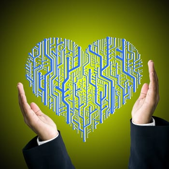 Businessman protect the circuit board in heart shape, Technology concept