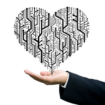 Businessman carry the Circuit board in heart shape, Technology background 