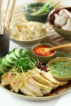 Chinese and Vietnamese famous Com Ga Hai Nam. Hainan Chicken Rice dish