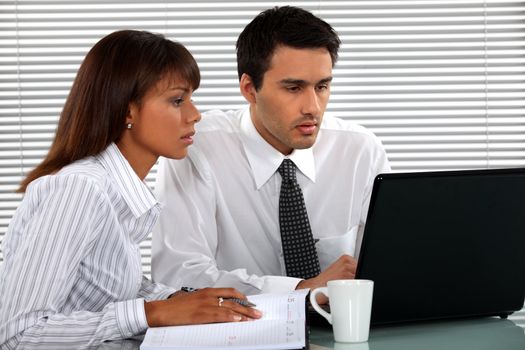 Business people looking at a laptop